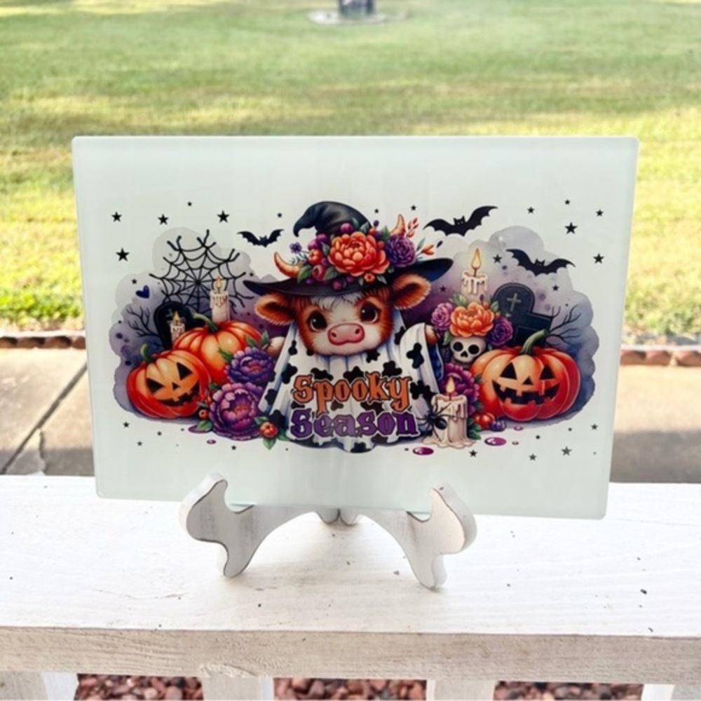 Handmade Highland Cow Spooky Season Halloween Glass Cutting Board